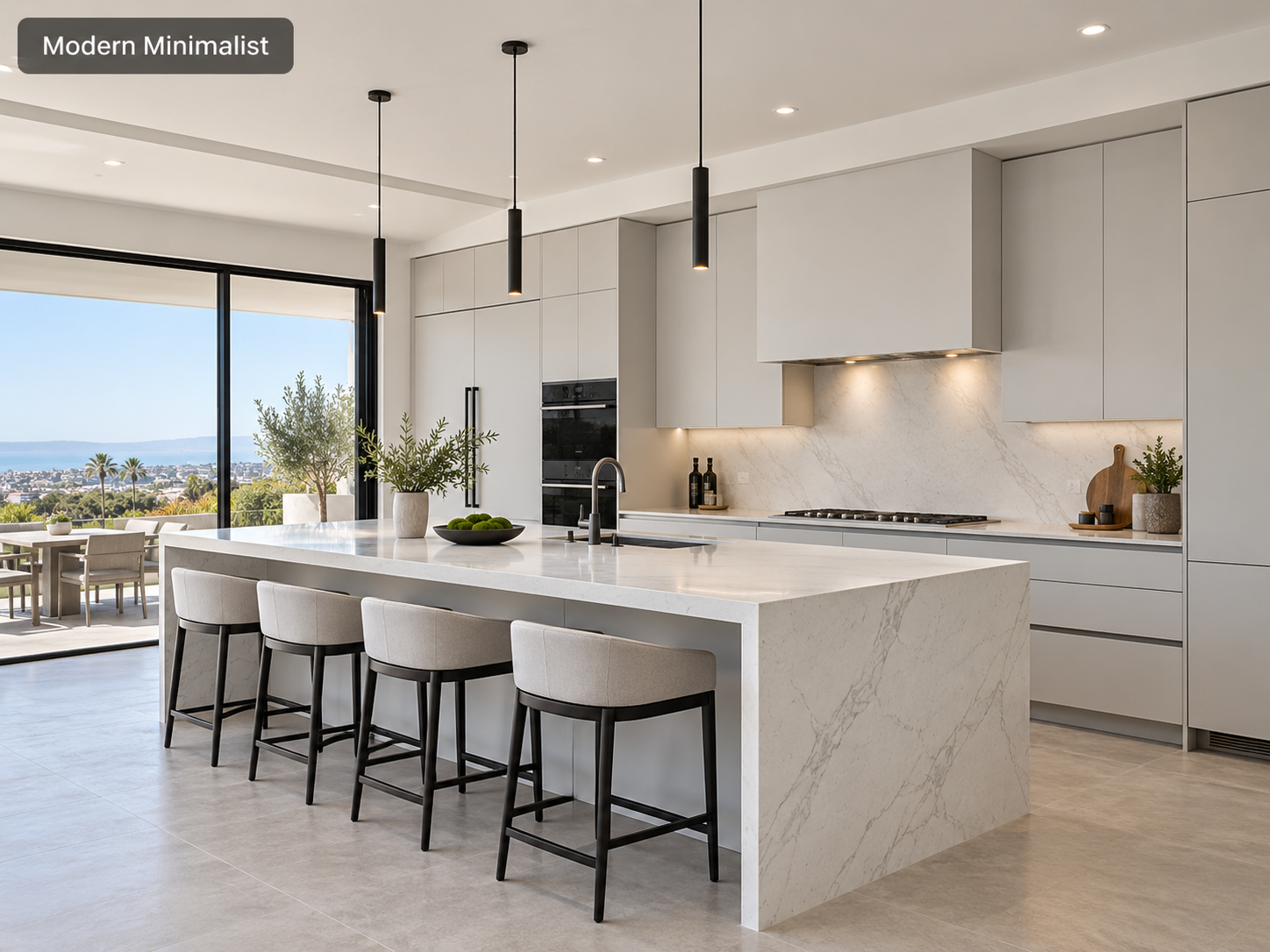 Modern Minimalist: Modern minimalist kitchen with sleek gray cabinetry, waterfall island, pendant lighting, and large windows overlooking a coastal view.