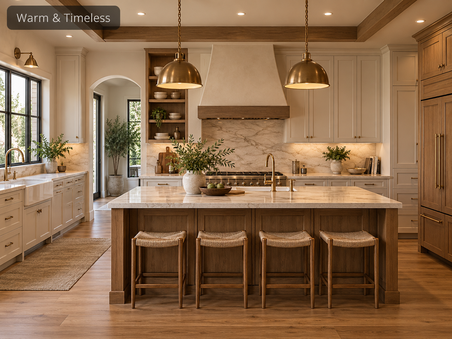 Warm & Timeless: Warm timeless kitchen with wood cabinetry, cream finishes, marble countertops, brass lighting, and a large central island with seating.