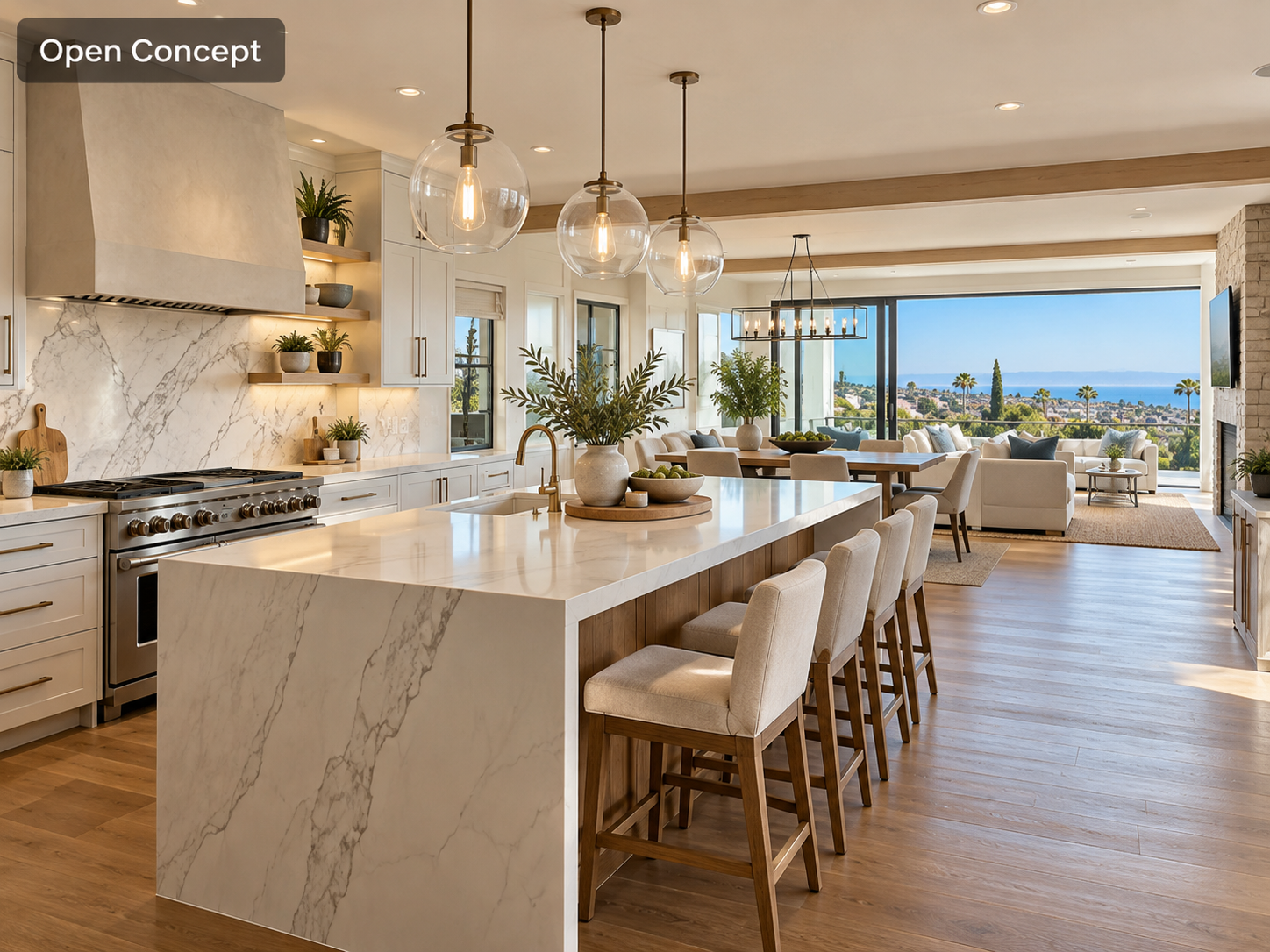 Bright Coastal: Bright coastal kitchen with white cabinets, light wood accents, woven pendant lights, large island seating, and ocean views.