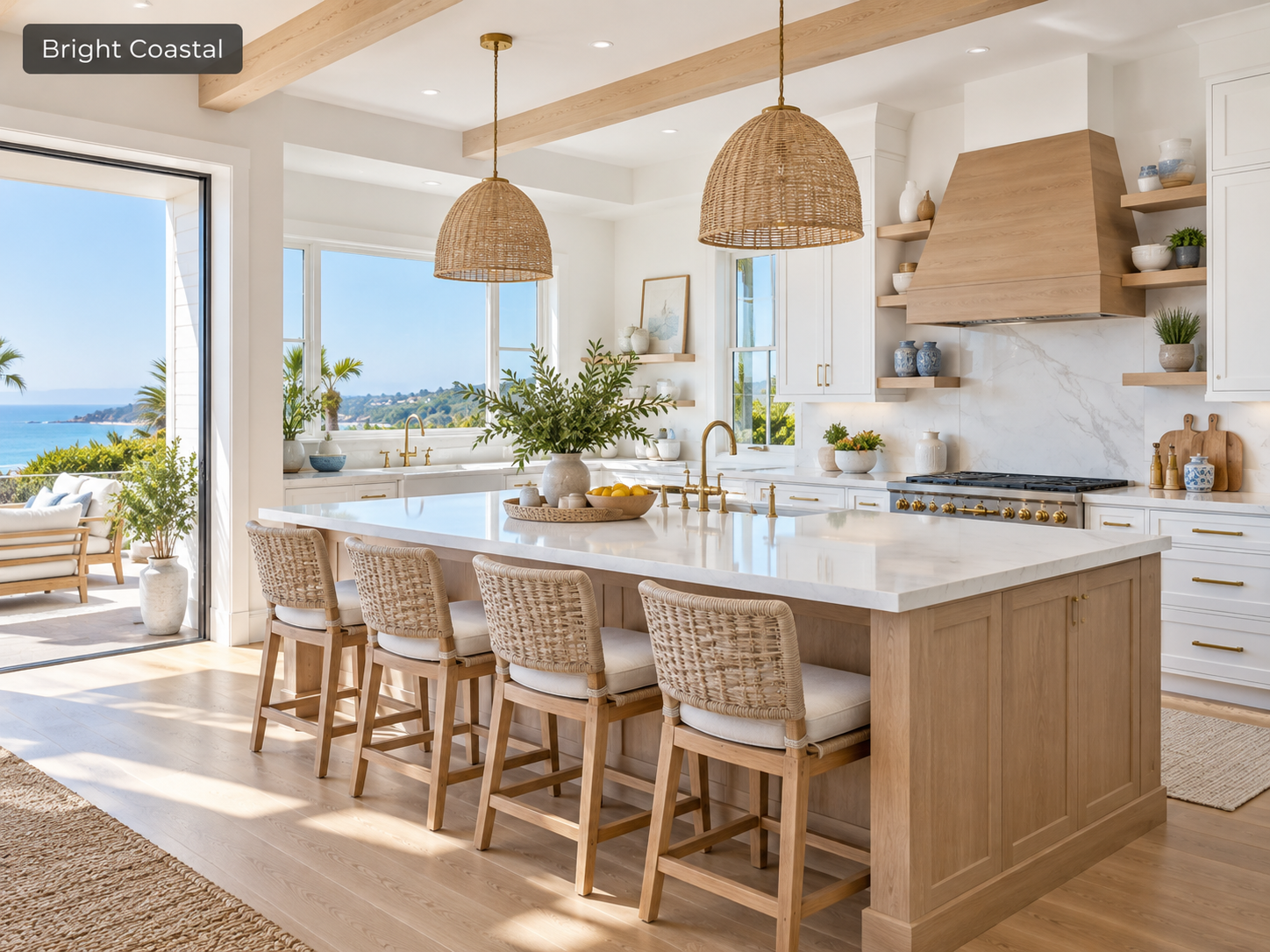 Open Concept: Open-concept kitchen with a large waterfall island, bar seating, modern pendant lights, and connected dining and living spaces with coastal views.